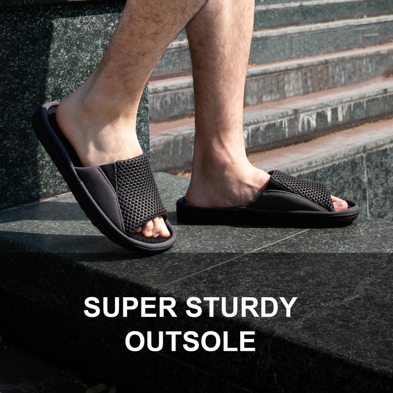 LongBay Men's Comfy Memory Foam Slide Slippers Breathable Mesh Cloth House Shoes (X-Large / 13-14 D(M) US, Gray) - Image 2